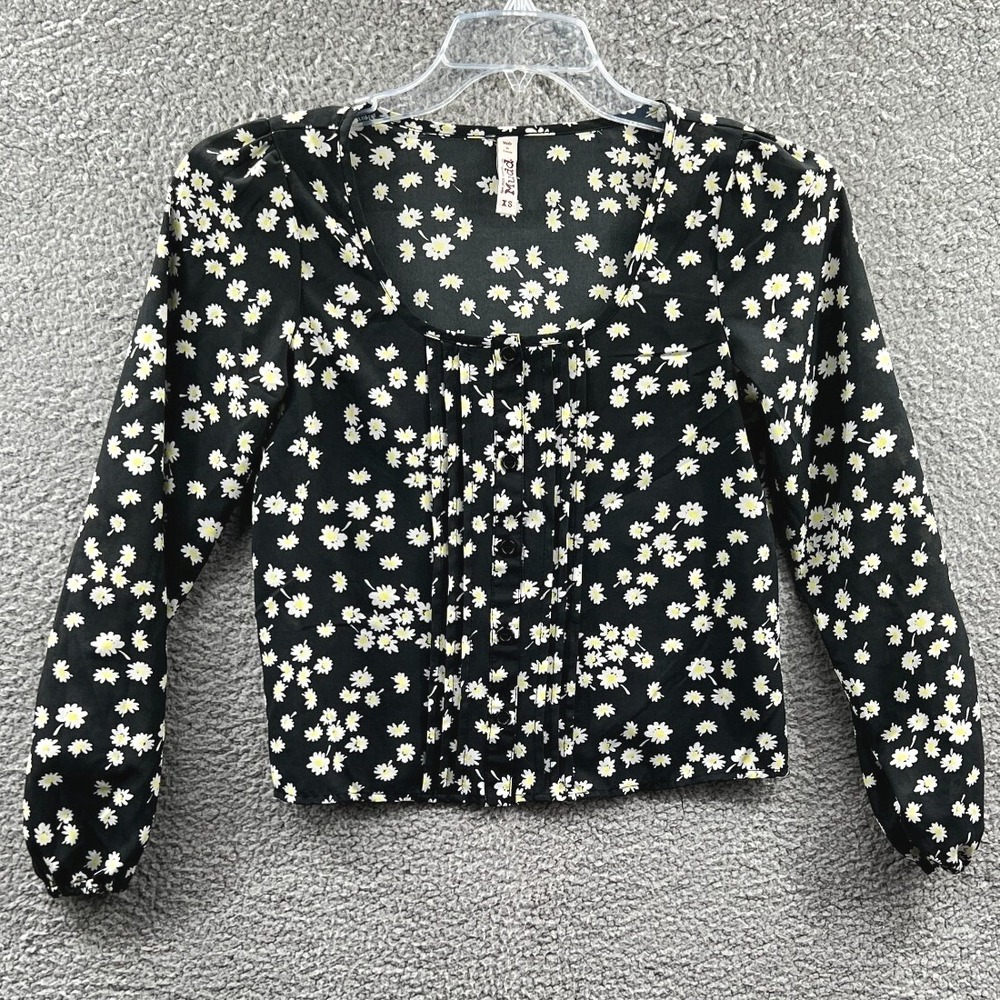 Mudd Womens Top XS Black Daisy Ditsy Floral Y2K Button Front Puff‎ Sleeve Retro